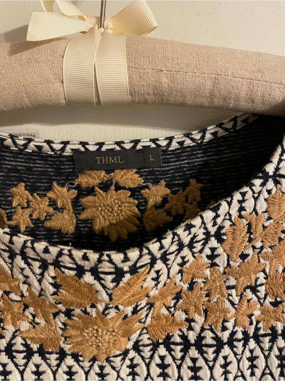 THML Navy, Cream & Tan Floral Crewneck Dress